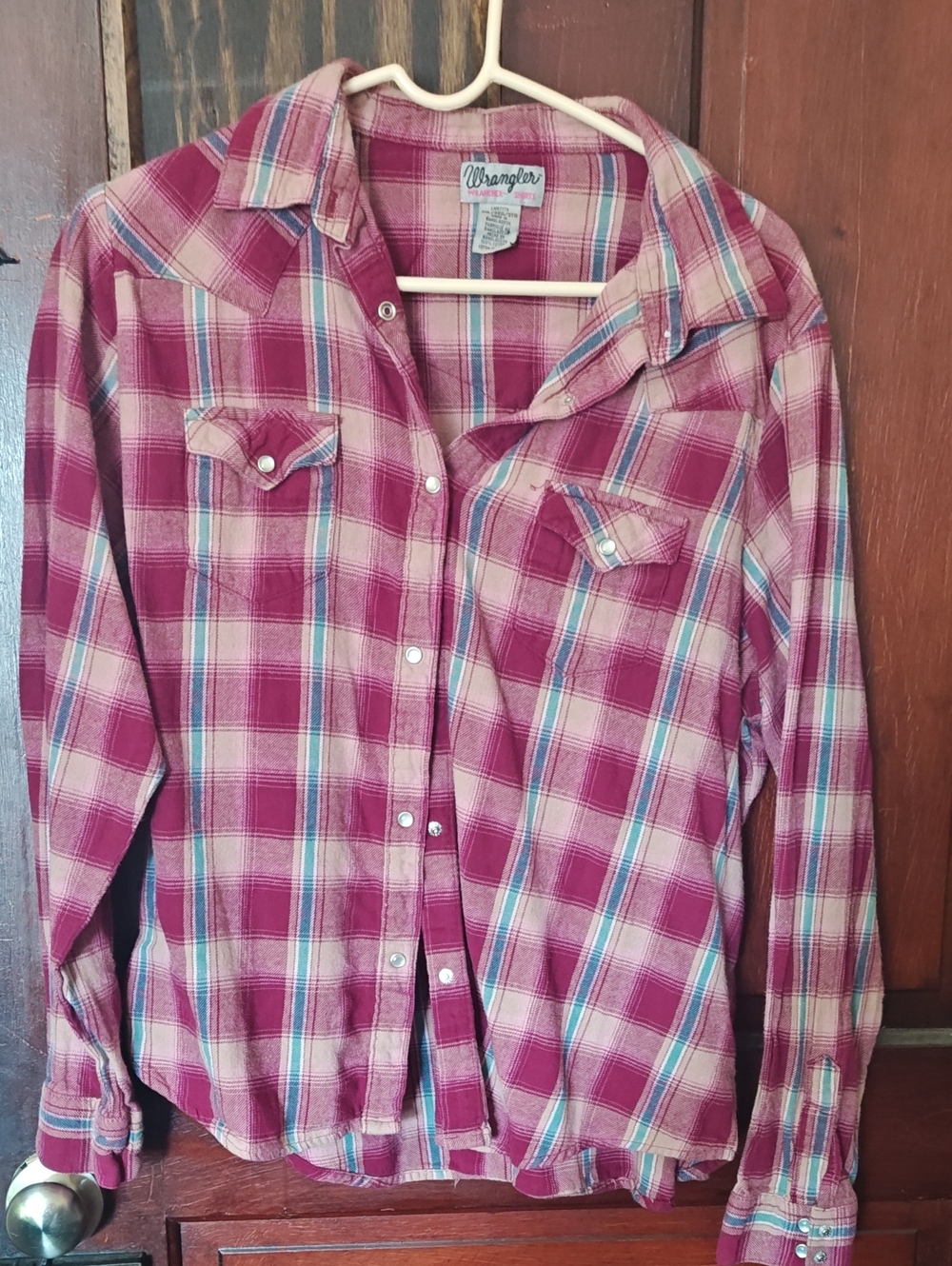 Wrangler Pink Plaid Button-Down Shirt with Teal Accents